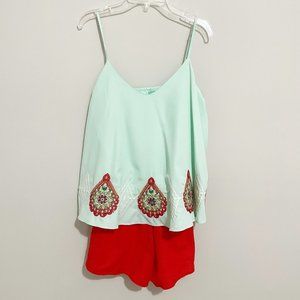 Judith March Size M Green Red Blouse overlay Romper Secret Escapade